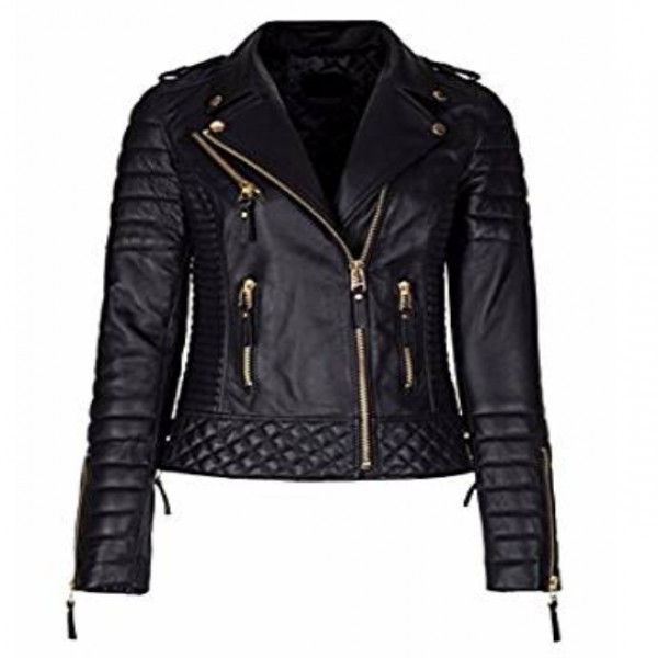 Women's Real Lambskin Leather Jacket Black Slim Fit Biker Motorcycle Jacket Coat_55