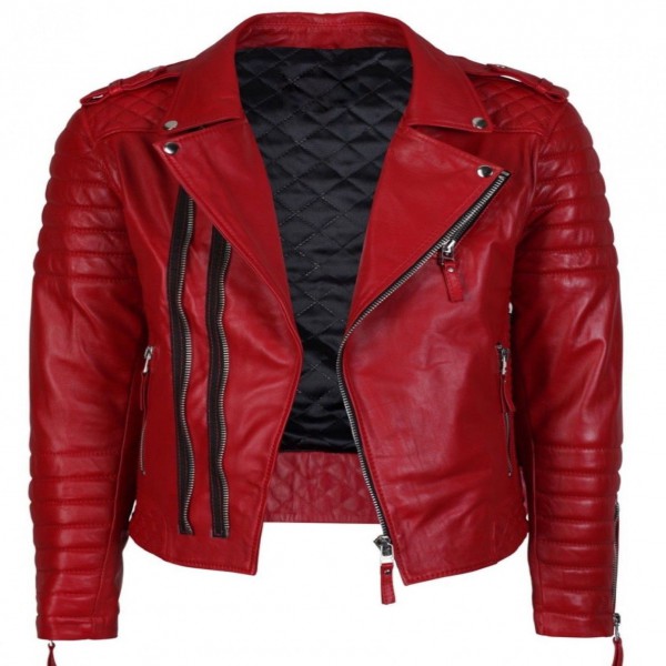 Men's Genuine Lambskin Red Leather Jacket Motorcycle Biker Jacket Slim Fit _57