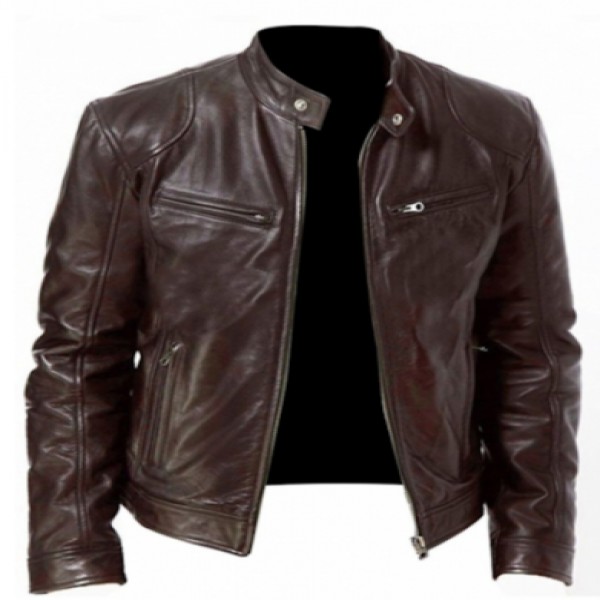 Men's Genuine Lambskin Brown Leather Jacket Black Slim Fit Biker Motorcycle Jacket_60